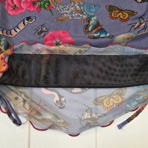 Desigual Women's M Sheer Mesh Top Blue Celestial Nature L/S Ruched Lettuce Edge - Picture 4 of 7